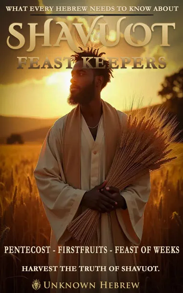 Shavuot book cover with Hebrew man holding wheat at sunset