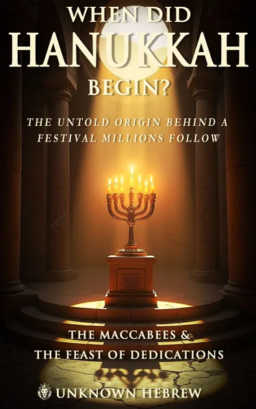 Golden menorah lit in ancient temple, symbolizing Hanukkah origins