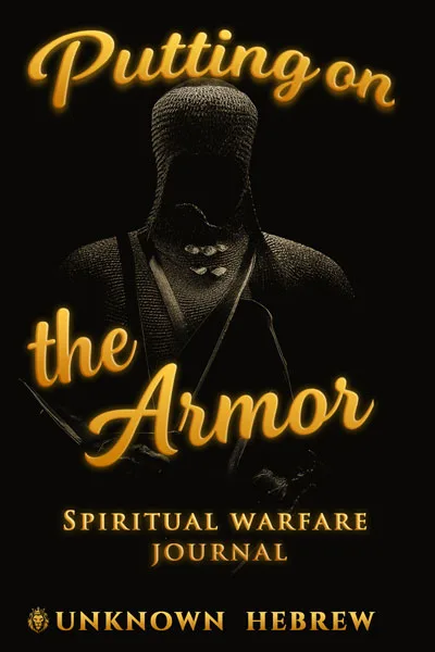 Cover of Putting on the Armor Spiritual Warfare Journal featuring a glowing armored warrior and gold text design.