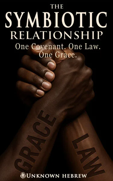 Two dark-skinned hands clasped together with the words "GRACE" and "LAW" on the arms, and text above reading "The Symbiotic Relationship: One Covenant. One Law. One Grace.