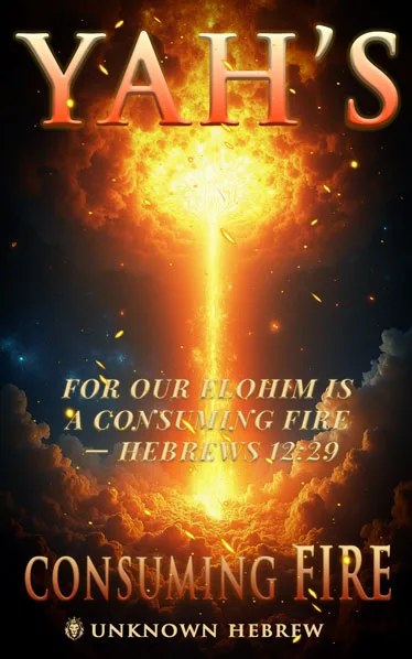 Heavenly firebeam with embers, ‘YAH’S Consuming Fire’ and Hebrews 12:29 text.