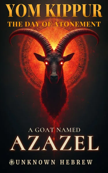 Fiery red goat head with glowing eyes and a glowing seal, symbolizing Azazel for Yom Kippur, with bold title text